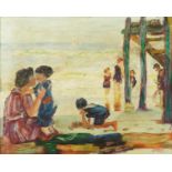 After Edward Henry Potthast - Beach scene with mother and children, American school oil on board,