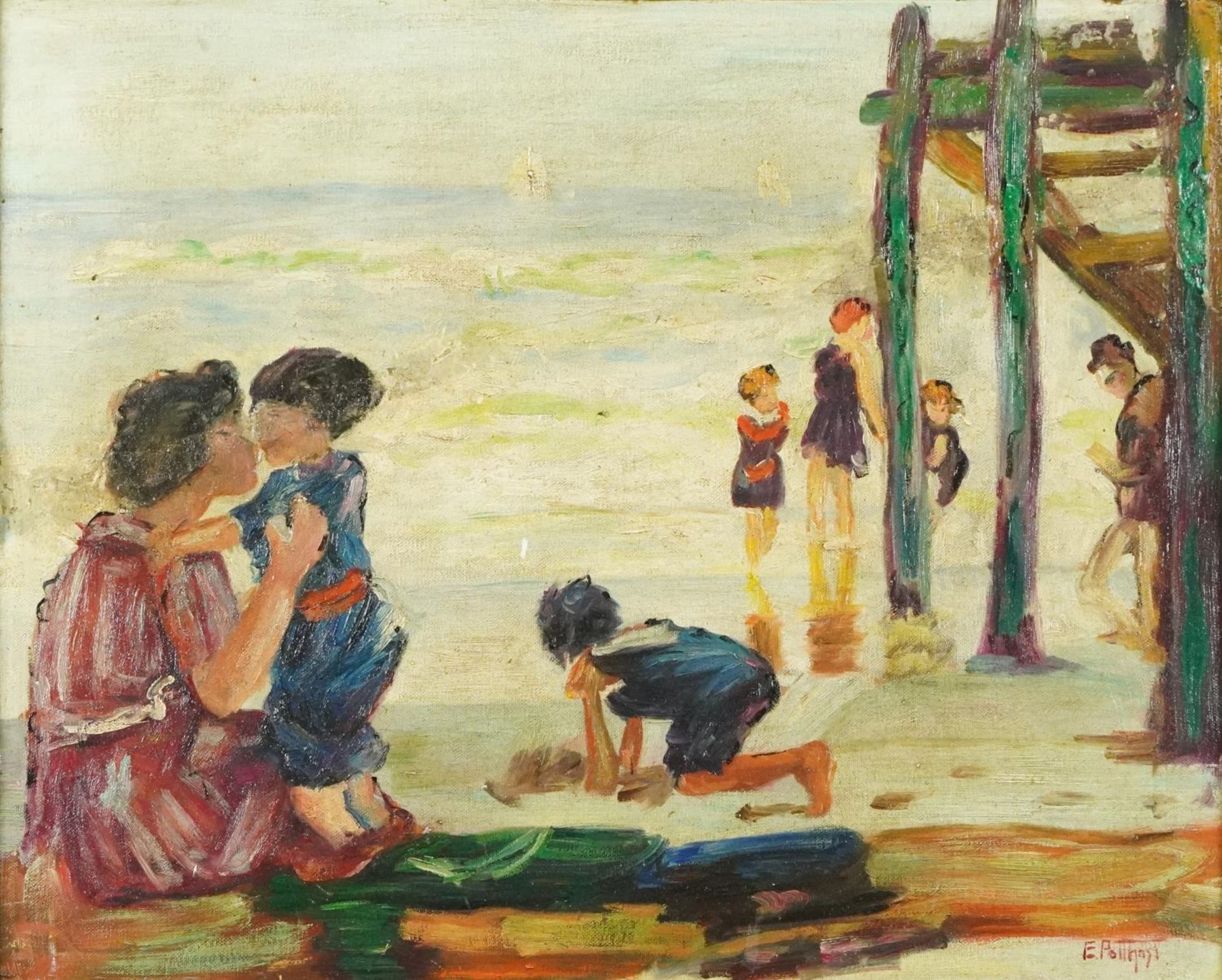 After Edward Henry Potthast - Beach scene with mother and children, American school oil on board,