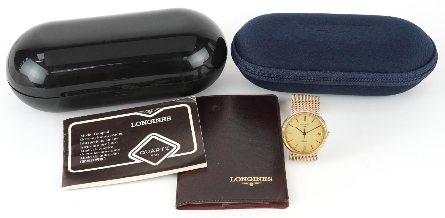 Longines, gentlemen's 9ct gold Longines quartz wristwatch with date aperture on a 9ct gold mesh link - Image 10 of 11