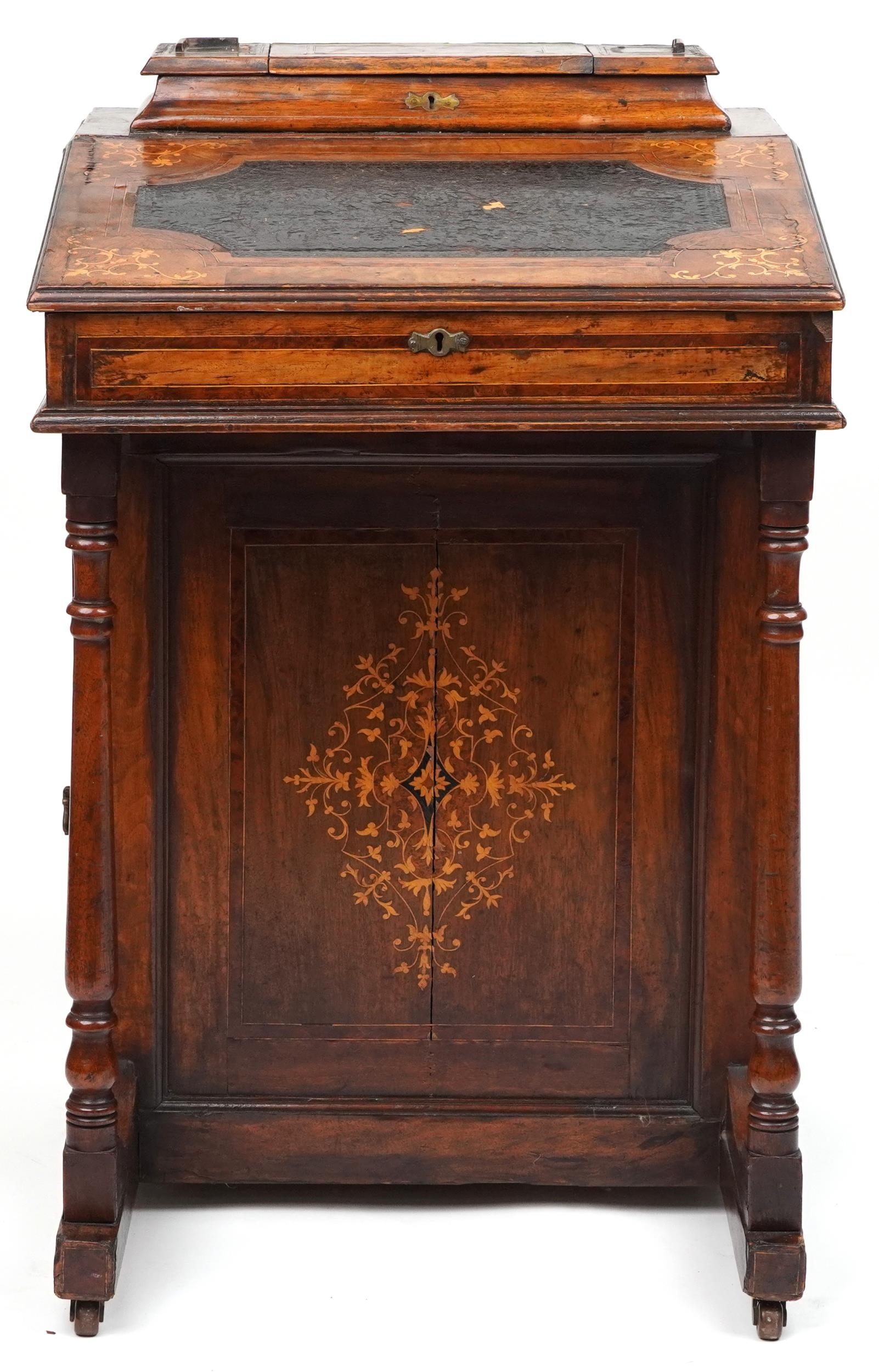 Victorian inlaid walnut and rosewood Davenport with lift up tops and side cupboard enclosing three - Image 3 of 5