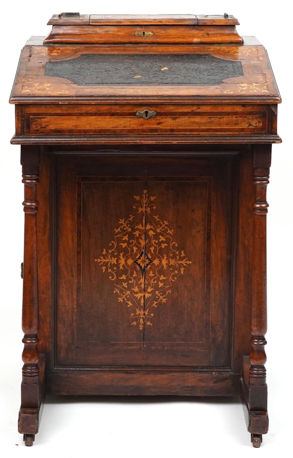Victorian inlaid walnut and rosewood Davenport with lift up tops and side cupboard enclosing three - Bild 3 aus 5