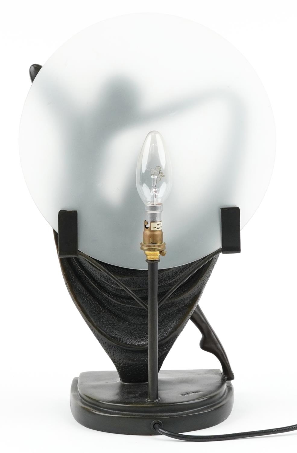 Art Deco style bronzed figural table lamp with frosted glass shade in the form of a semi nude female - Image 3 of 5