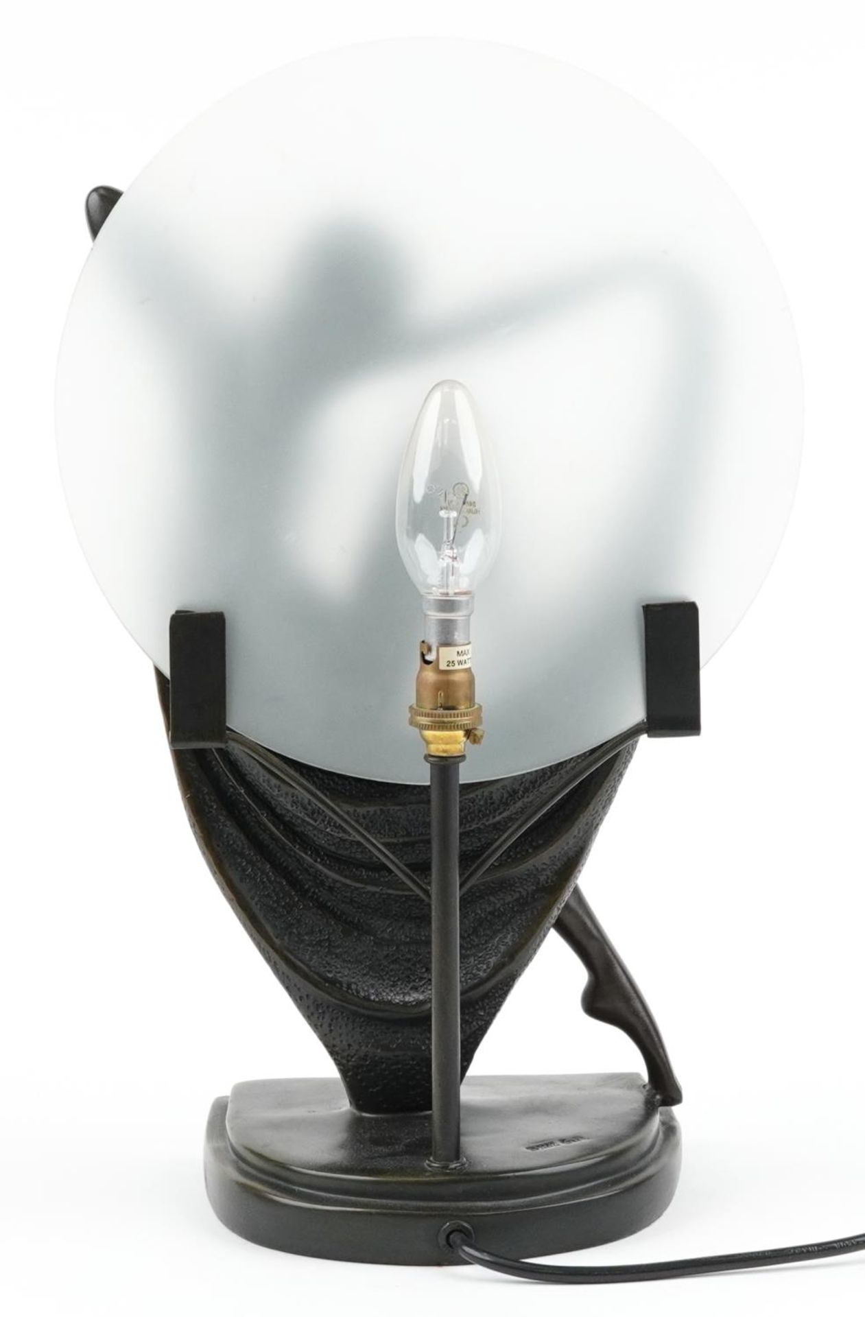 Art Deco style bronzed figural table lamp with frosted glass shade in the form of a semi nude female - Bild 3 aus 5