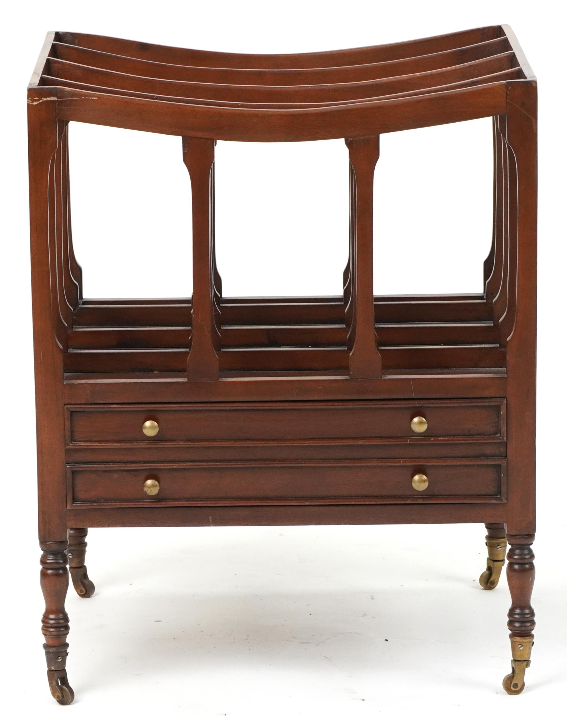 George III style mahogany Canterbury with base drawer on turned legs with brass casters, 59cm H x - Image 2 of 4