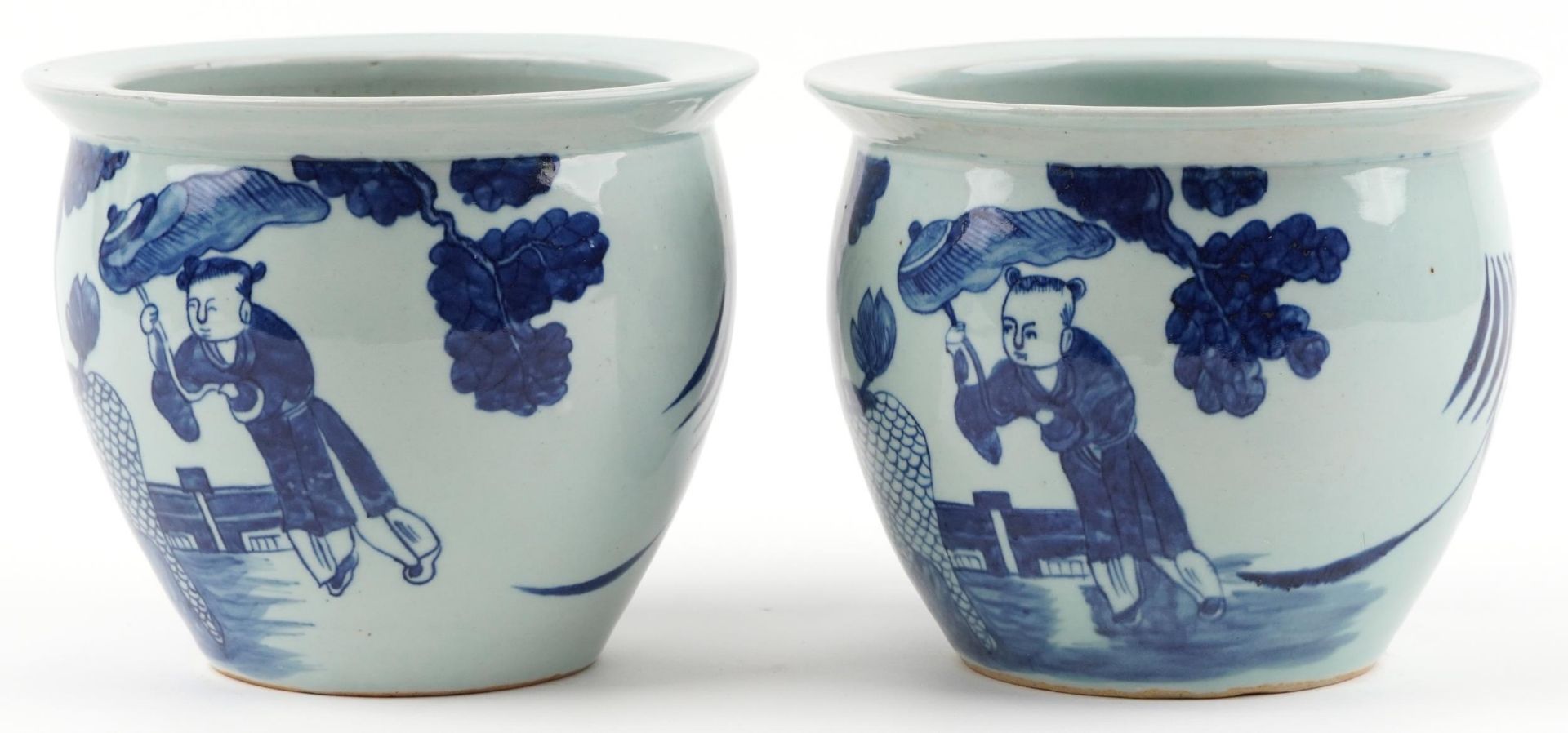 Pair of Chinese blue and white porcelain jardinieres painted with children playing in a palace - Image 2 of 6