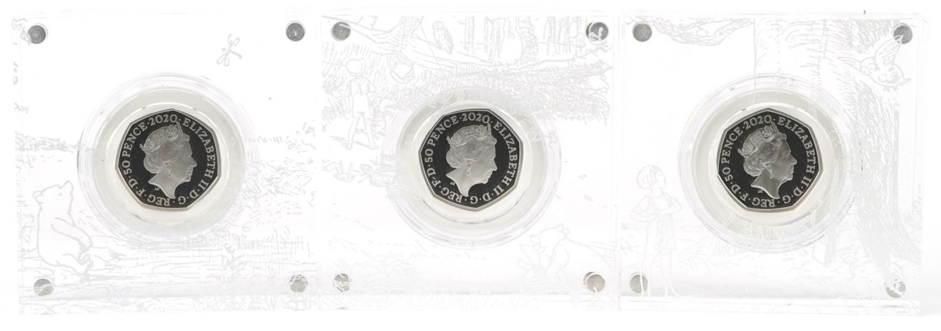 Three Winnie the Pooh silver proof fifty pence pieces by The Royal Mint, housed in Perspex slabs - Image 3 of 3