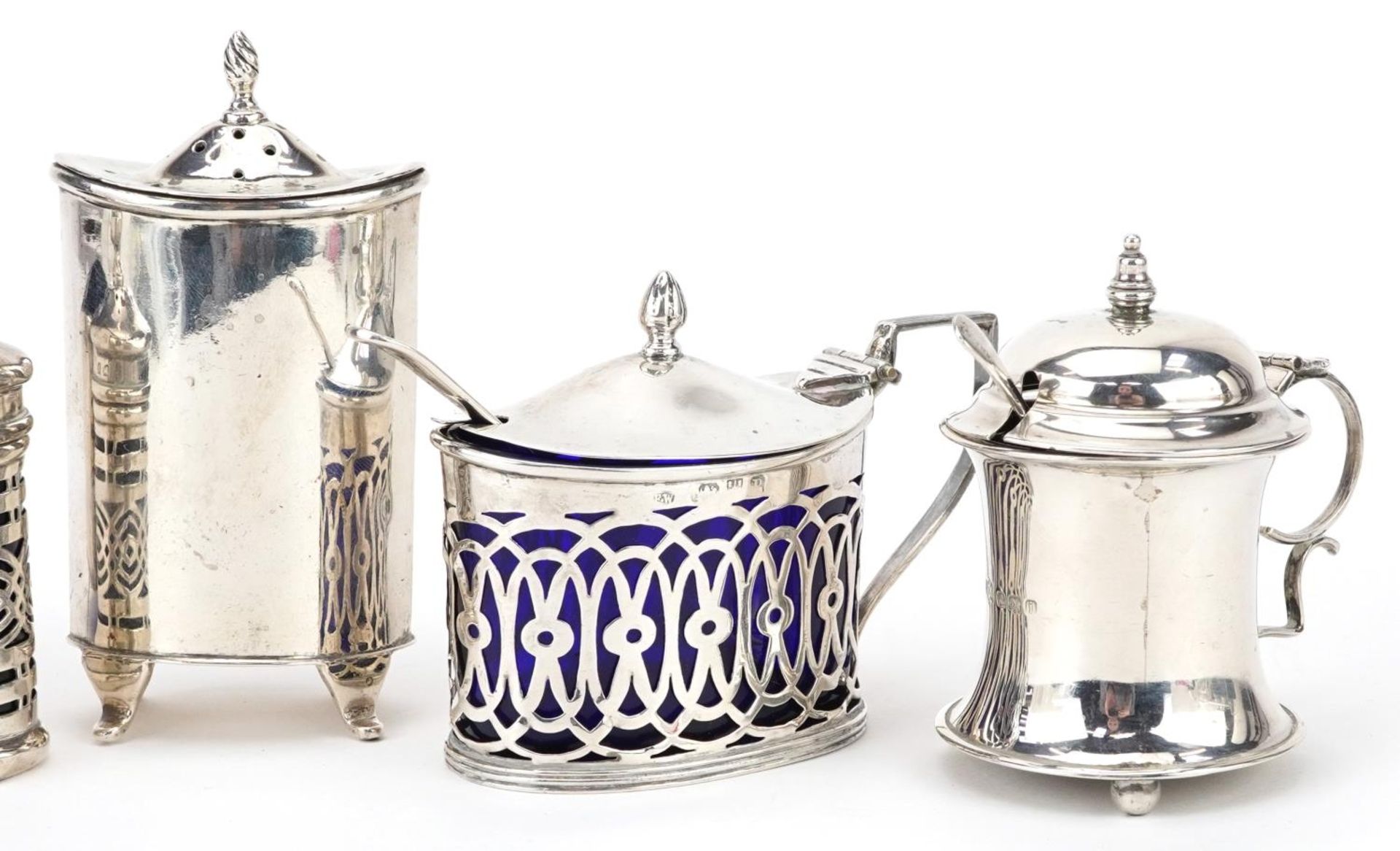 Five Art Deco and later silver cruet items, four with blue glass liners, the largest 9cm wide, - Image 3 of 7