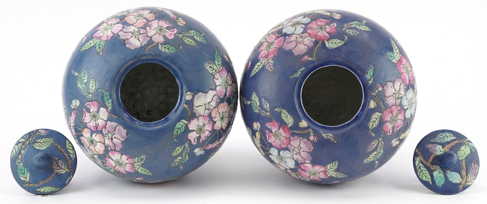 Pair of Chinese porcelain jars and covers hand painted with flowers, each 25.5cm high - Image 5 of 8