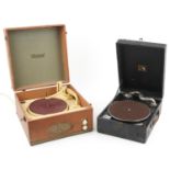 Two vintage portable gramophones comprising His Master's Voice model 97 and Meritone