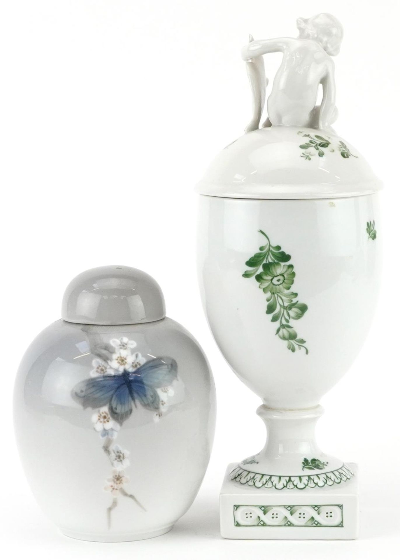 Royal Copenhagen, Danish porcelain comprising a vase and cover surmounted with Putti and a jar and - Image 2 of 3