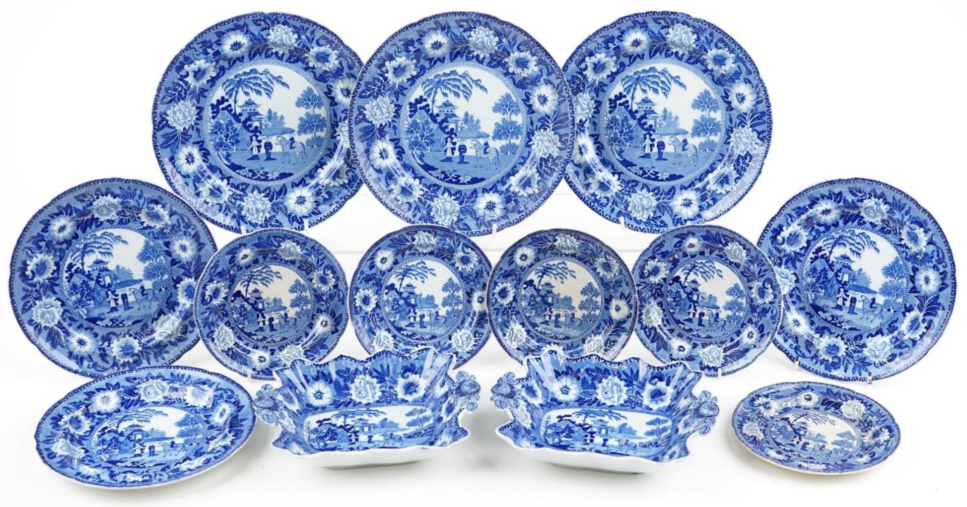 Rogers, Victorian pearlware decorated in the chinoiserie manner comprising pair of dishes with