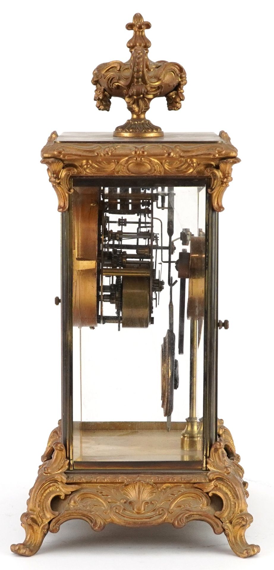 19th century ormolu four glass mantle clock striking on a gong with urn finial and circular - Image 3 of 8