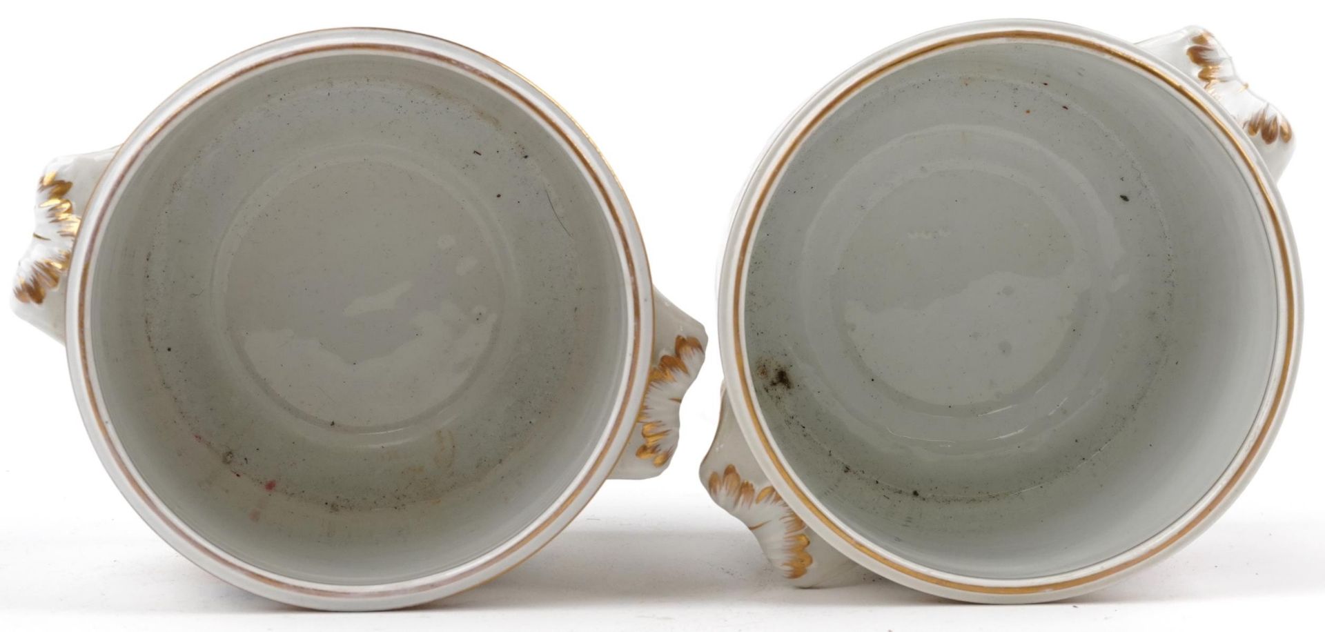 Pair of 19th century European porcelain cache pots with twin handles, each hand painted with - Image 3 of 5