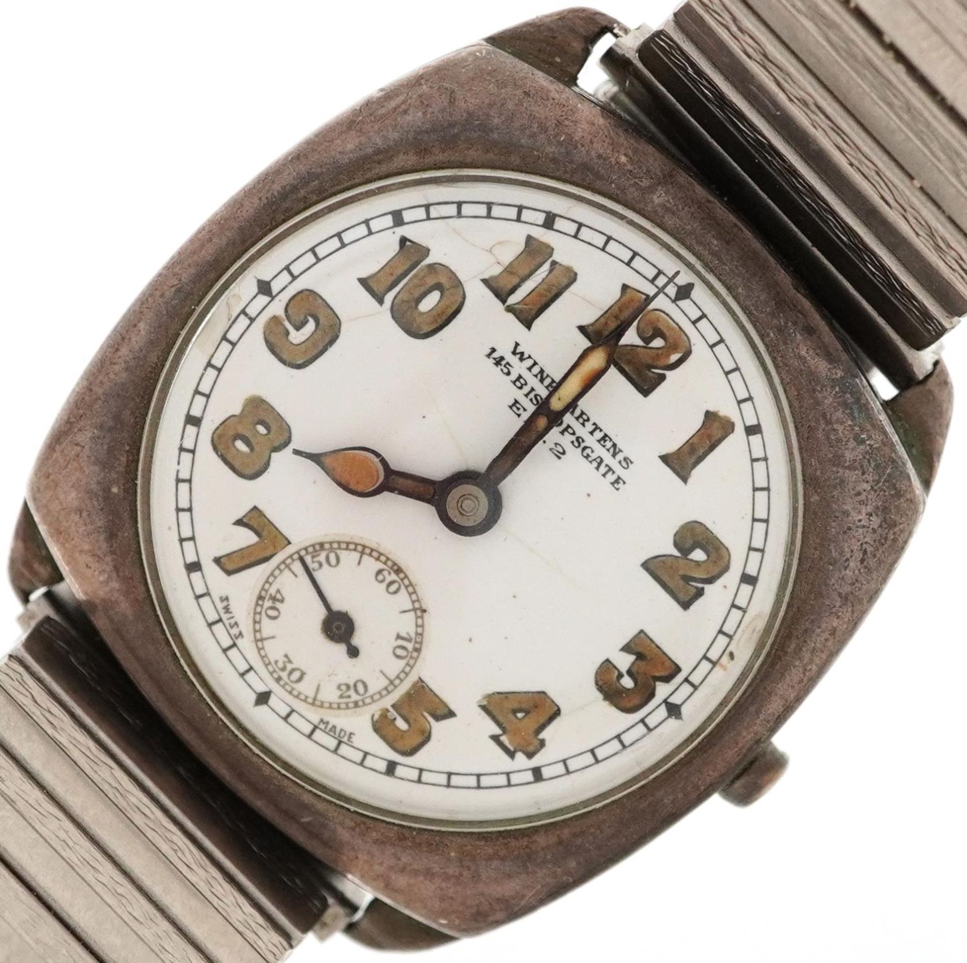 Winegartens, gentlemen's silver manual wind wristwatch having military type enamelled dial and