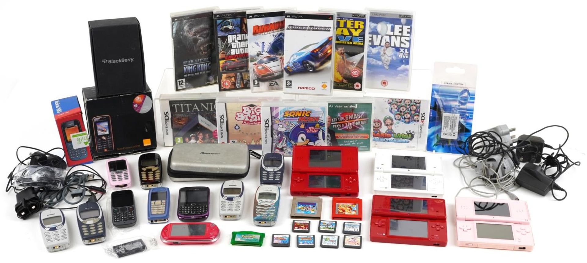 Vintage and later mobile phones and handheld games consoles including Nintendo DS Lite, Nintendo DS,
