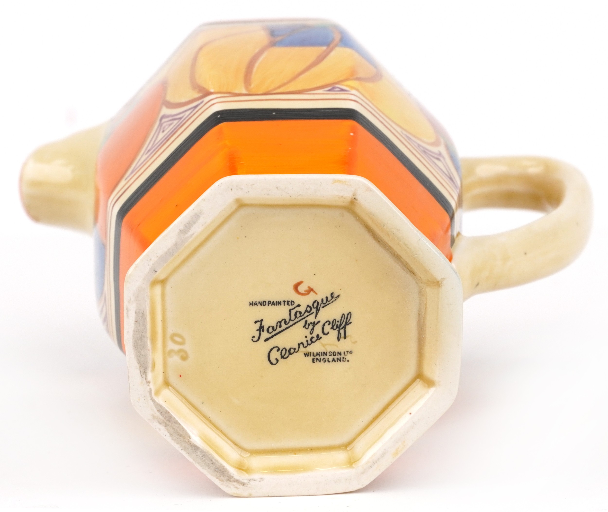 Clarice Cliff, Art Deco Fantastique Bizarre water jug with octagonal body hand painted in the - Image 7 of 8