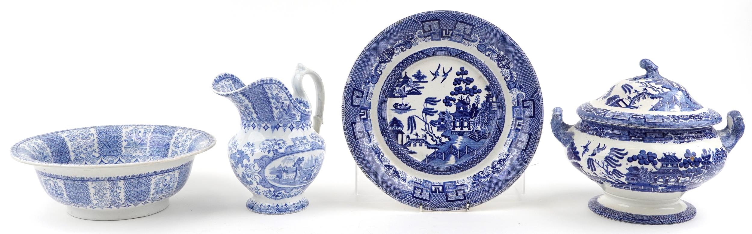 Victorian blue and white wash jug and basin, transfer printed in the Tyrolienne pattern and a - Image 3 of 10