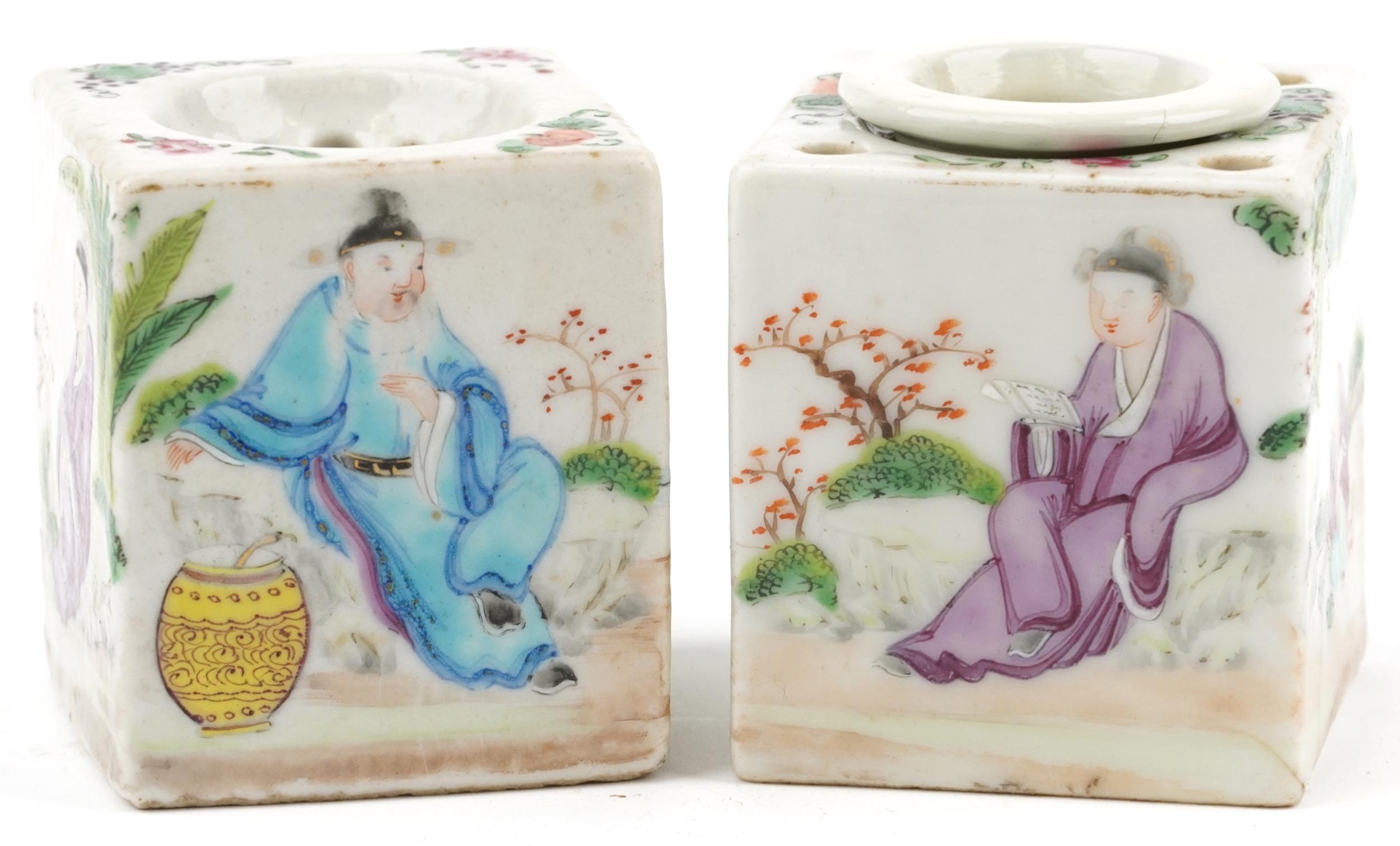 Pair of Chinese square section porcelain desk items hand painted in the famille rose palette with - Image 4 of 6