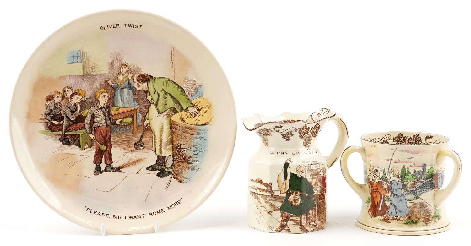 Foley Wileman faience comprising Oliver Twist wall plate, Merry Wives of Winsor jug and Tomorrow