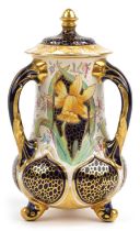 Foley Wileman, Victorian aesthetic faience three handled vase and cover decorated with stylised