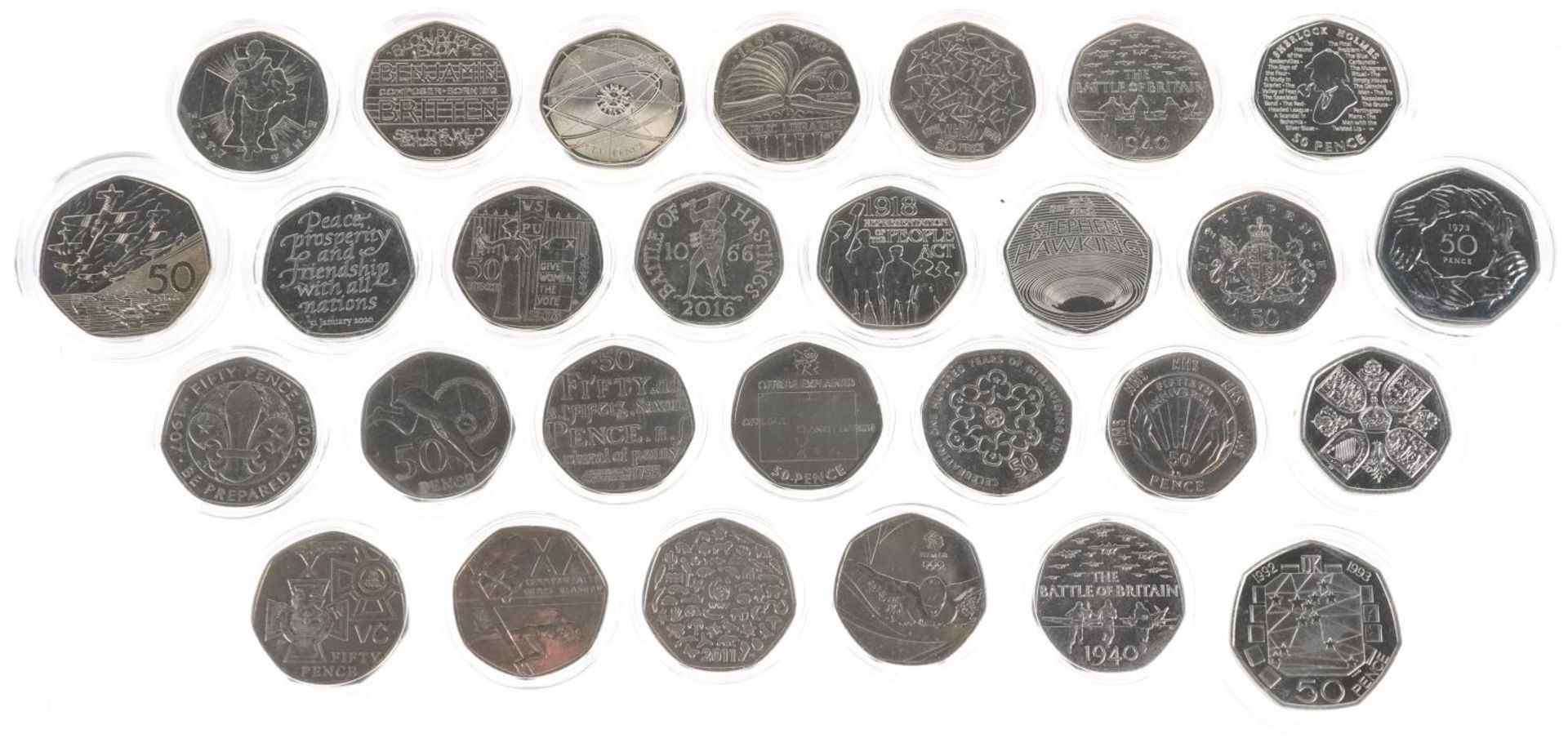 Twenty eight Elizabeth II fifty pence pieces, various designs including Scouts Be Prepared, London