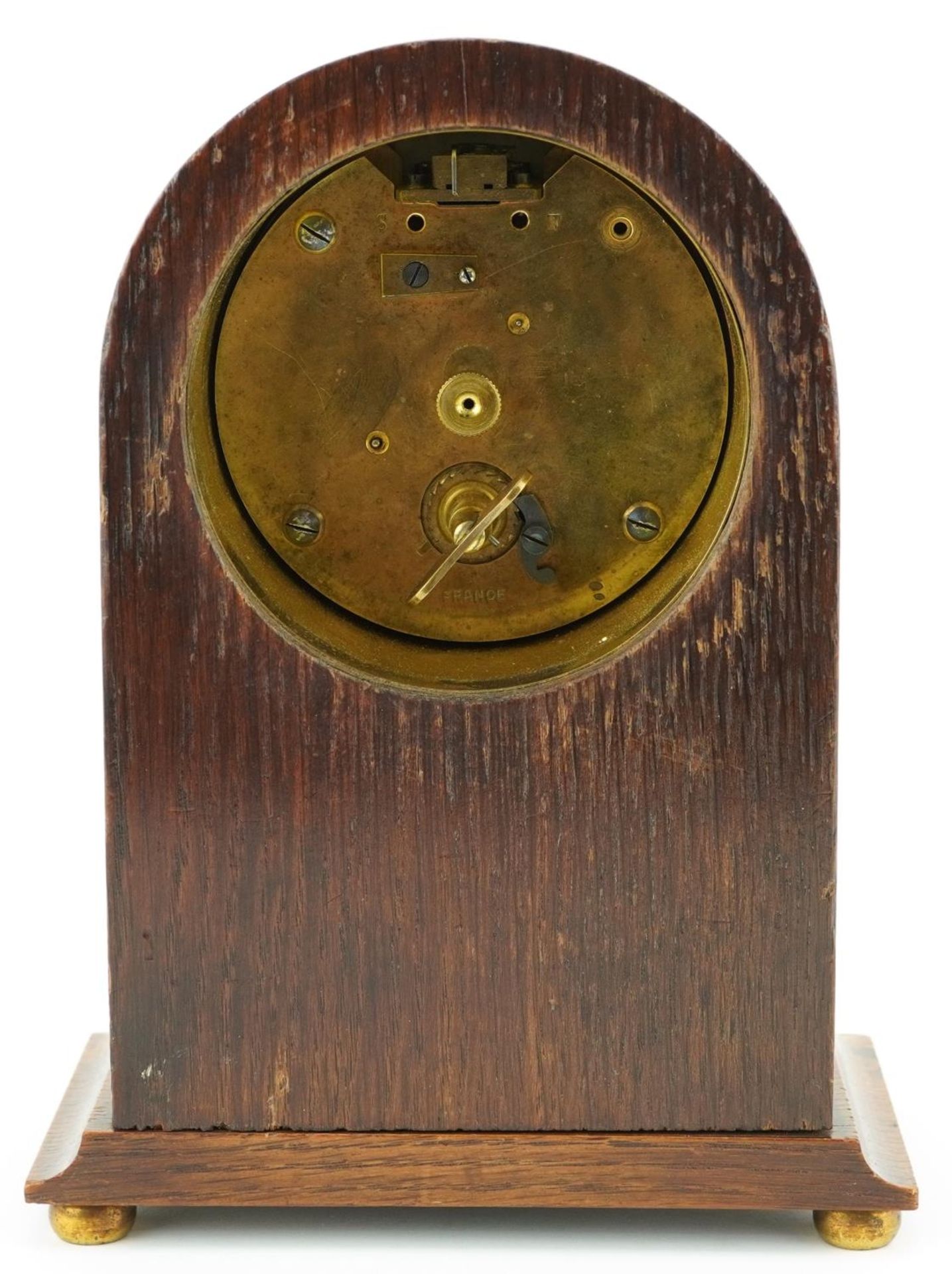 Edwardian inlaid oak dome top mantle clock retailed by J W Benson London having enamelled dial - Bild 4 aus 4