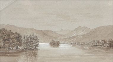 Lake scene, 19th century monochrome sepia watercolour, Green & Stone of Chelsea London label