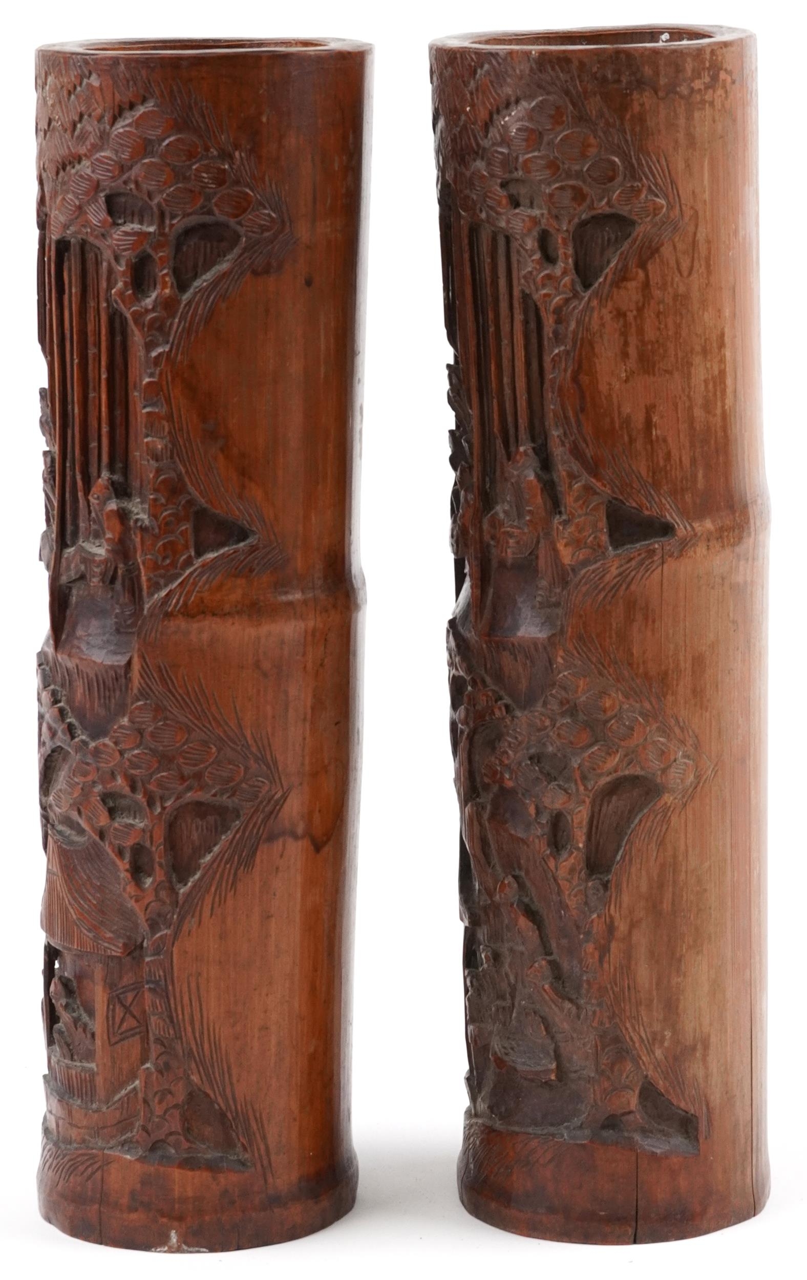 Pair of Chinese cylindrical bamboo vases carved with figures amongst trees and pavilions, each - Image 2 of 7
