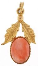 9ct gold cabochon pink coral naturalistic pendant, 2cm high, 0.9g