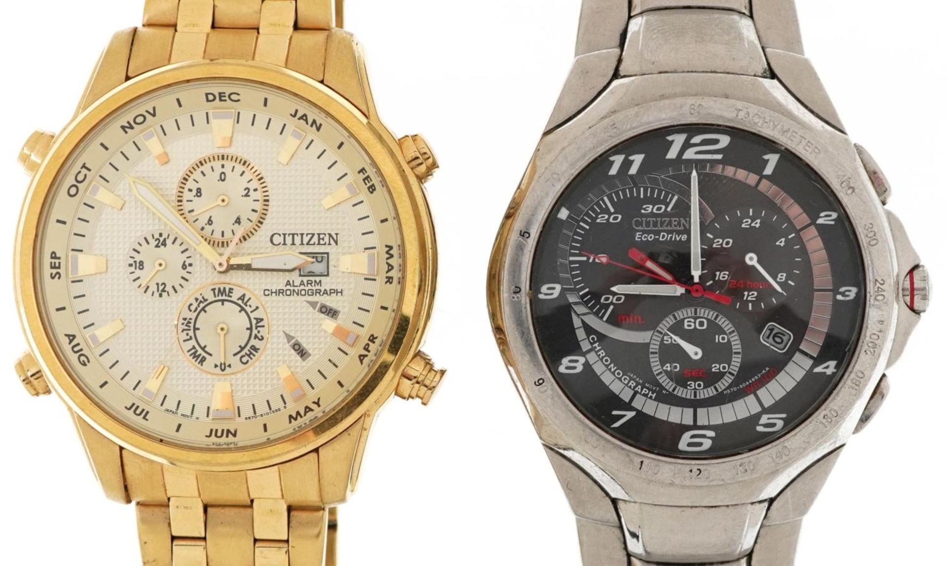 Citizen, two gentlemen's chronograph wristwatches comprising Citizen Eco Drive WR100 and Citizen