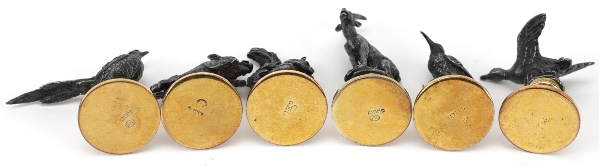 Gucci, set of six Italian silver and silver gilt menu/name place card holders in the form of game - Image 5 of 6