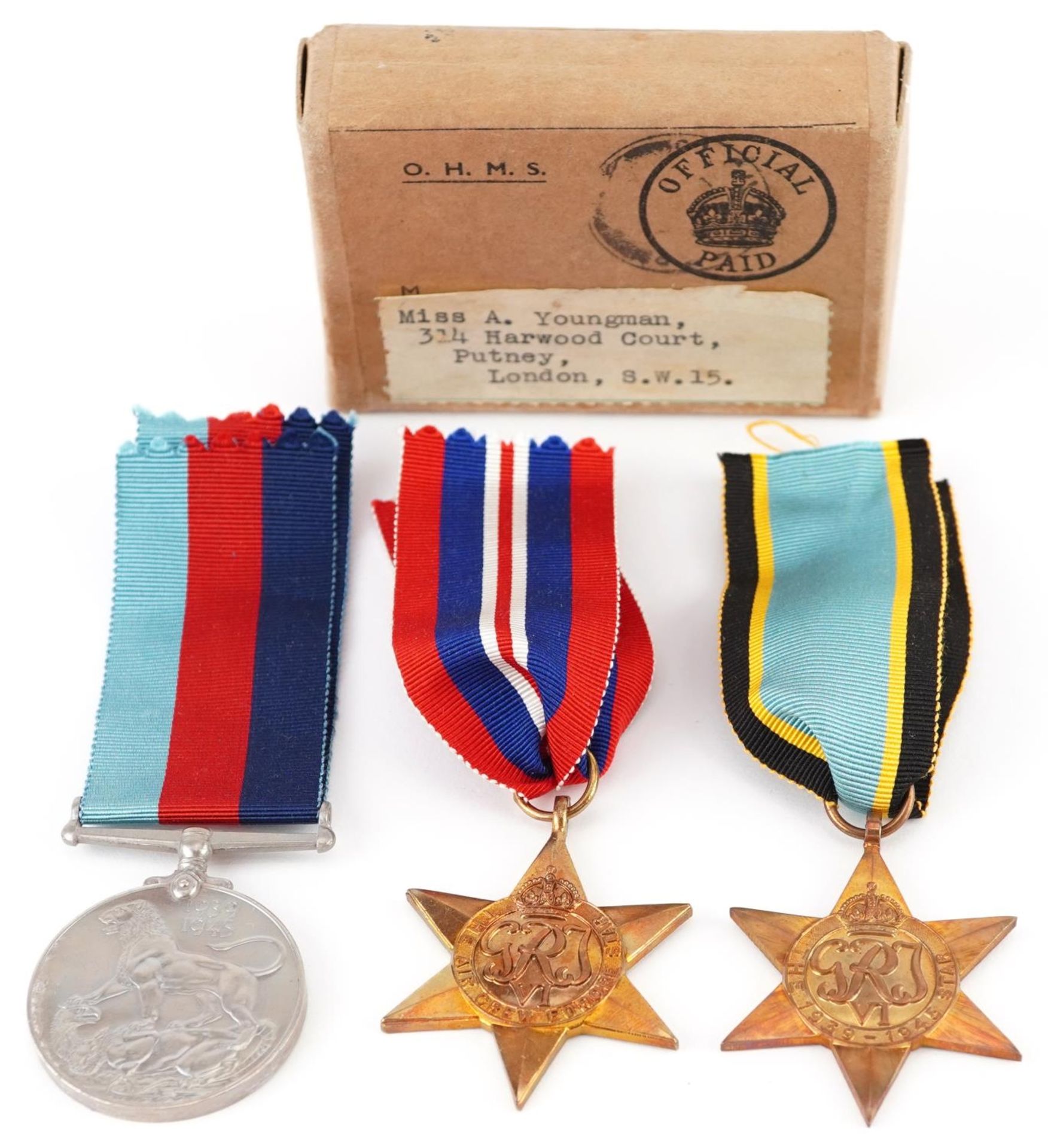 Three British military World War II medals with box of issue including Air Crew Europe star, the box