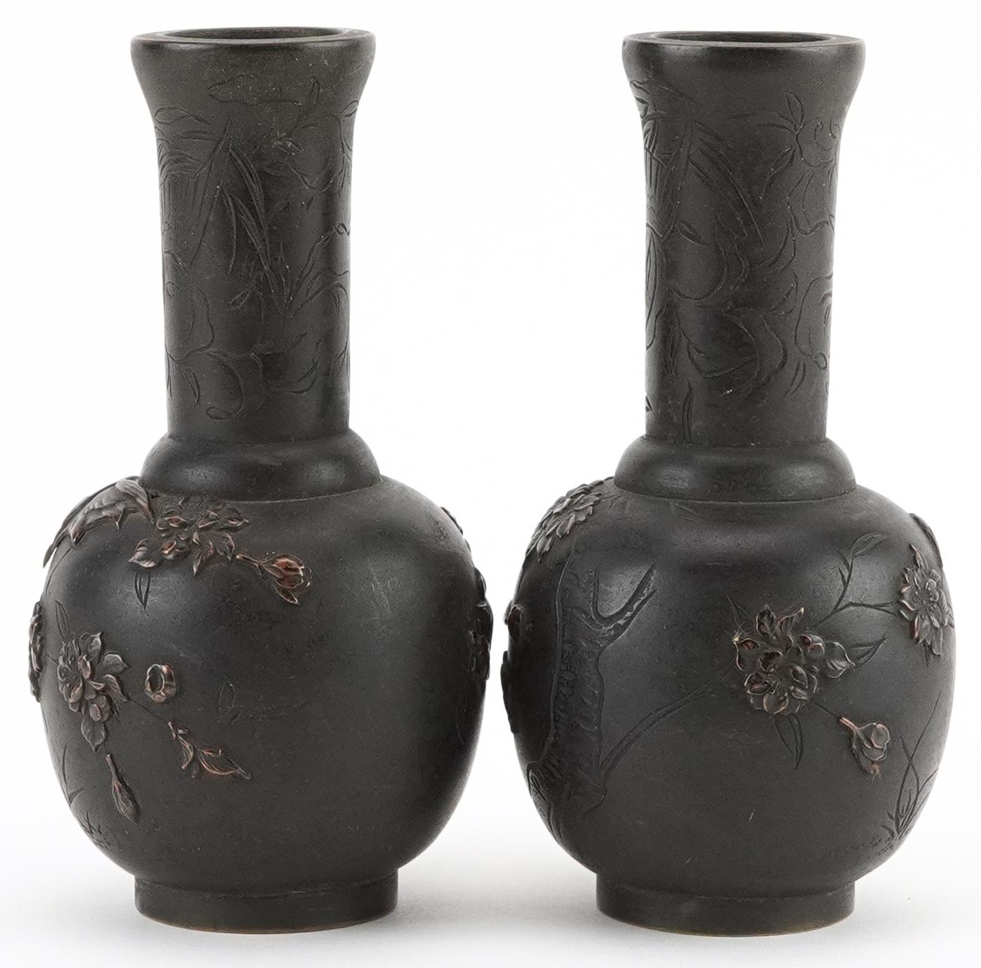 Pair of Japanese bronze vases cast in relief with birds of paradise amongst flowers, each 12cm high - Image 2 of 6