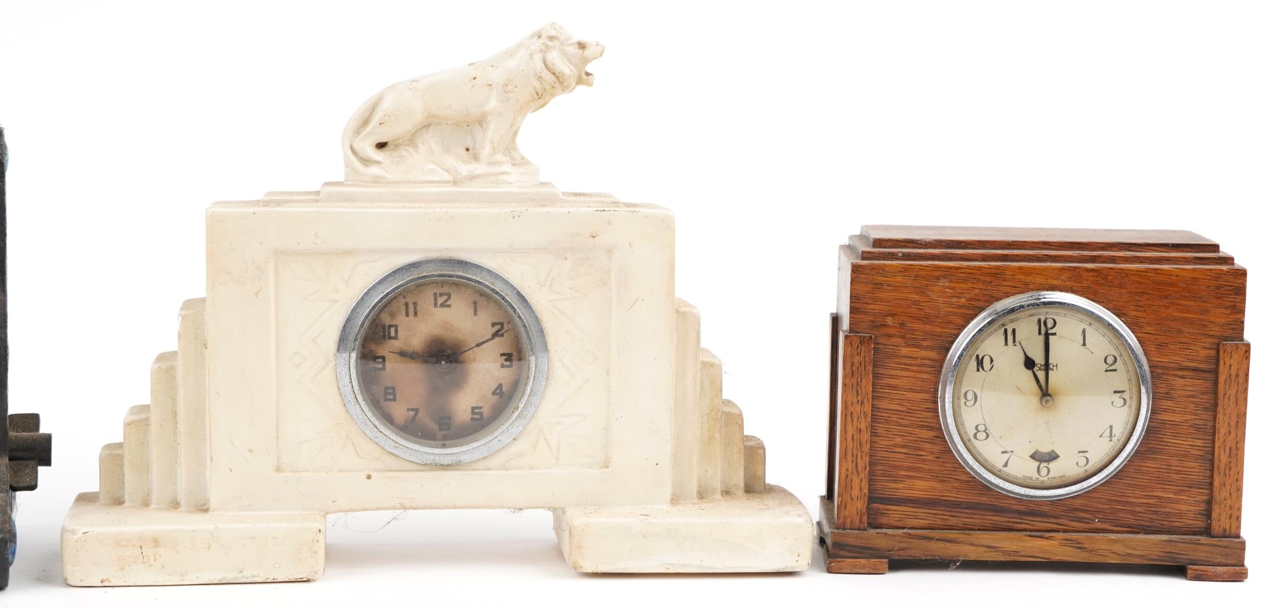 Three Art Deco mantle clocks including a faux tortoiseshell eight day example and a hardwood - Image 3 of 4