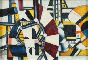 Manner of Fernand Leger - Abstract composition, French school oil on board, framed, 41cm x 29cm