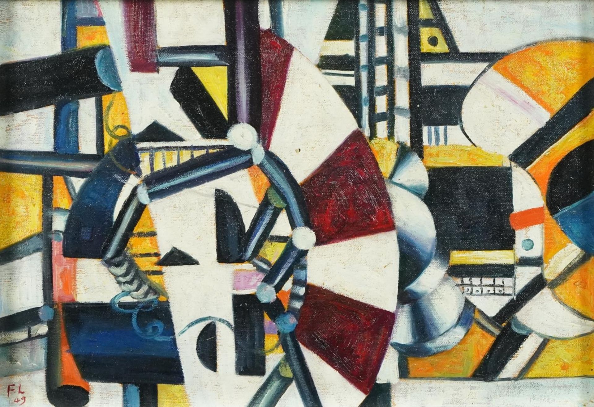 Manner of Fernand Leger - Abstract composition, French school oil on board, framed, 41cm x 29cm