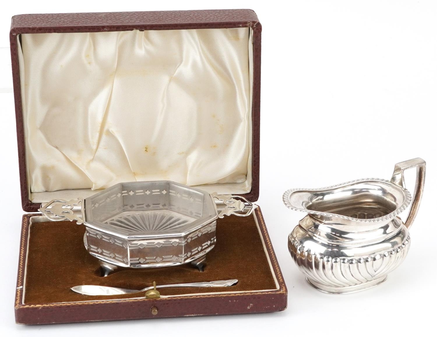 Silver items comprising butter dish with twin handles and knife housed in a fitted case and a Mappin