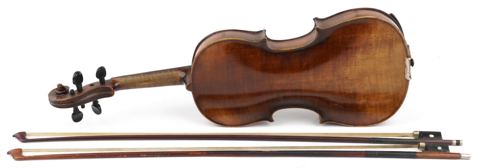 Old wooden violin with two bows housed in a fitted Reliance protective travel case, the violin - Image 2 of 4