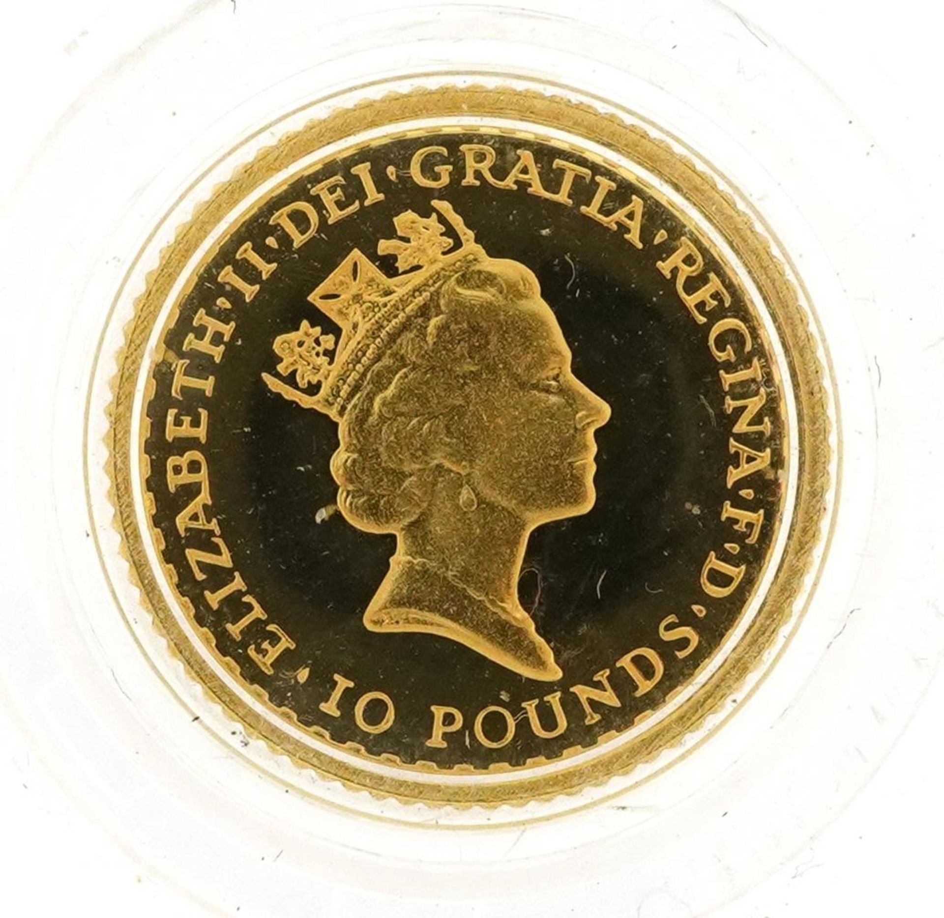 Elizabeth II 1990 Britannia 1/10th ounce fine gold ten pound coin housed in a fitted Royal Mint case - Bild 3 aus 5