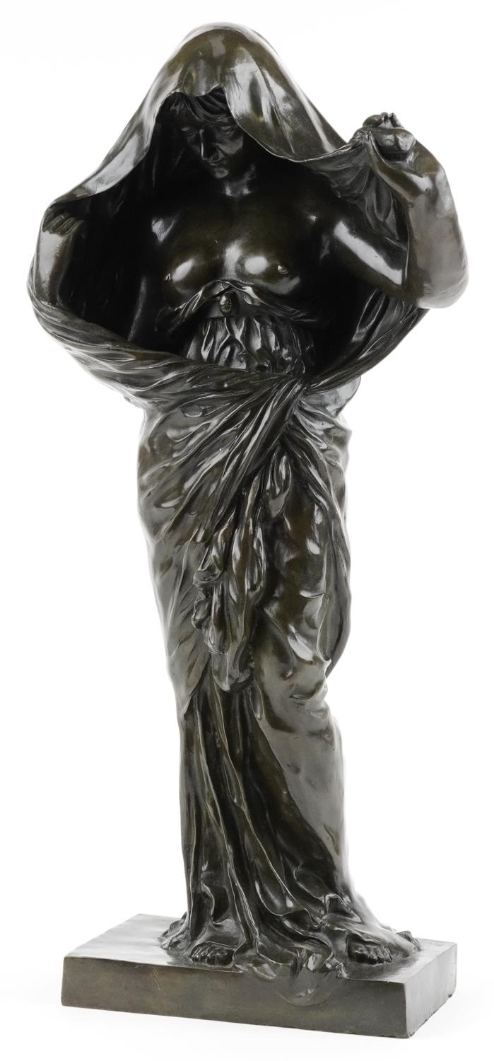 After Louis-Ernest Barrias, large French patinated bronze sculpture of a semi nude Art Nouveau
