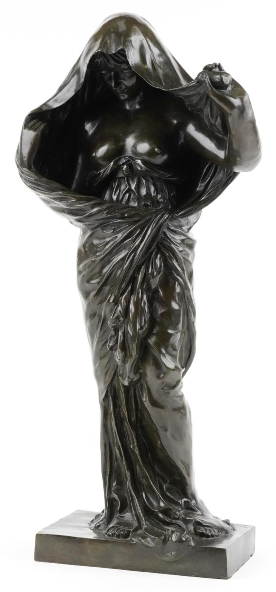 After Louis-Ernest Barrias, large French patinated bronze sculpture of a semi nude Art Nouveau