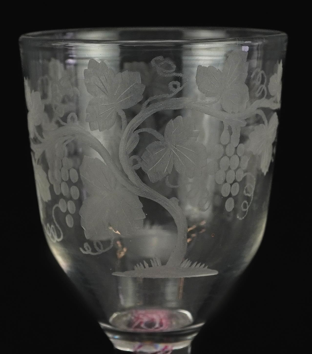 18th century wine glass with multi coloured opaque twist stem and bowl engraved with leaves and - Image 2 of 5