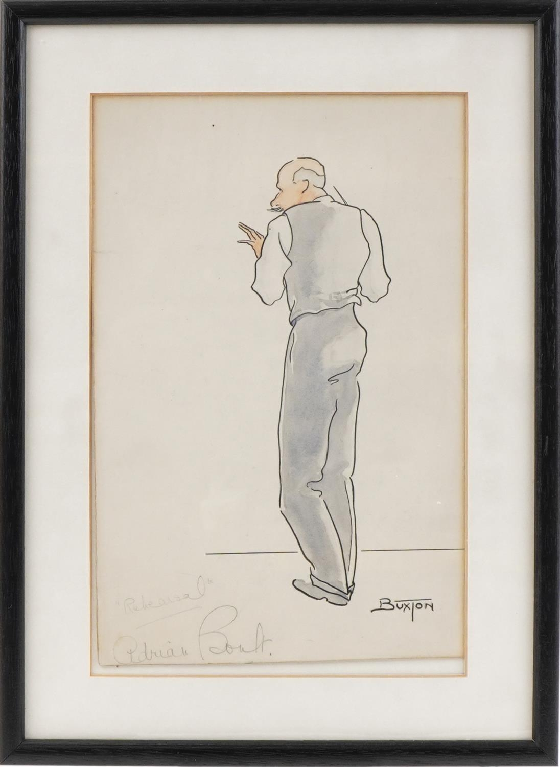 Buxton - Adrian Boult, Rehearsal, ink and watercolour caricature, mounted, framed and glazed, 28.5cm - Image 2 of 5