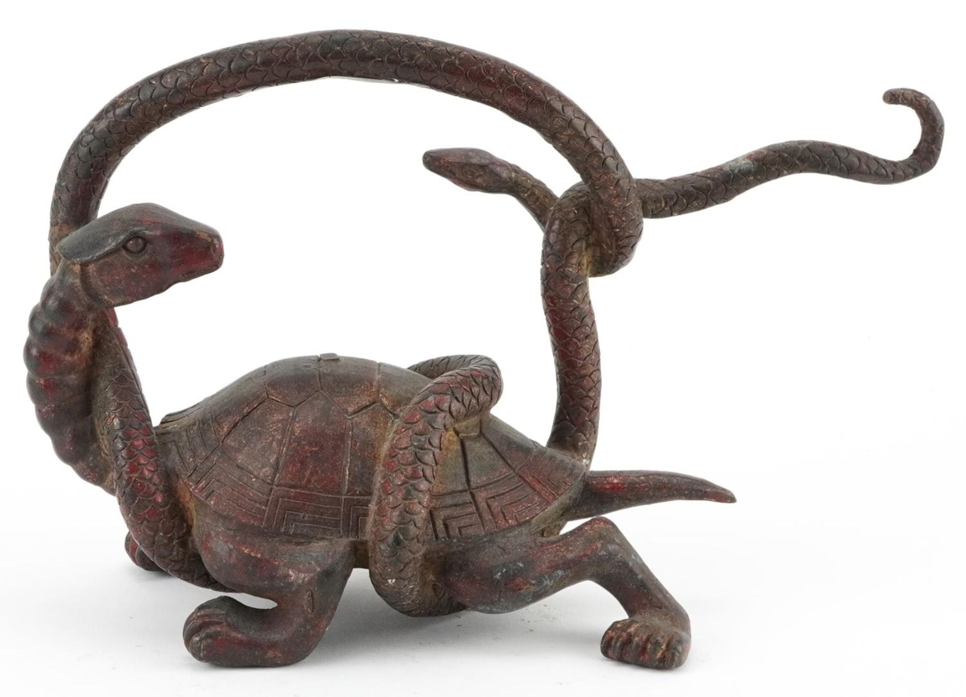 Chinese partially gilt and red lacquered bronze of a mythical tortoise and serpent, 26cm in length - Image 2 of 7