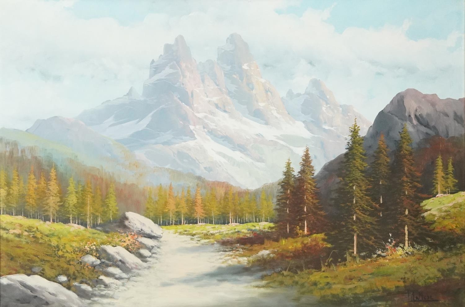 River through alpine landscape, European school oil on canvas, bearing an indistinct signature,