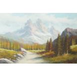 River through alpine landscape, European school oil on canvas, bearing an indistinct signature,