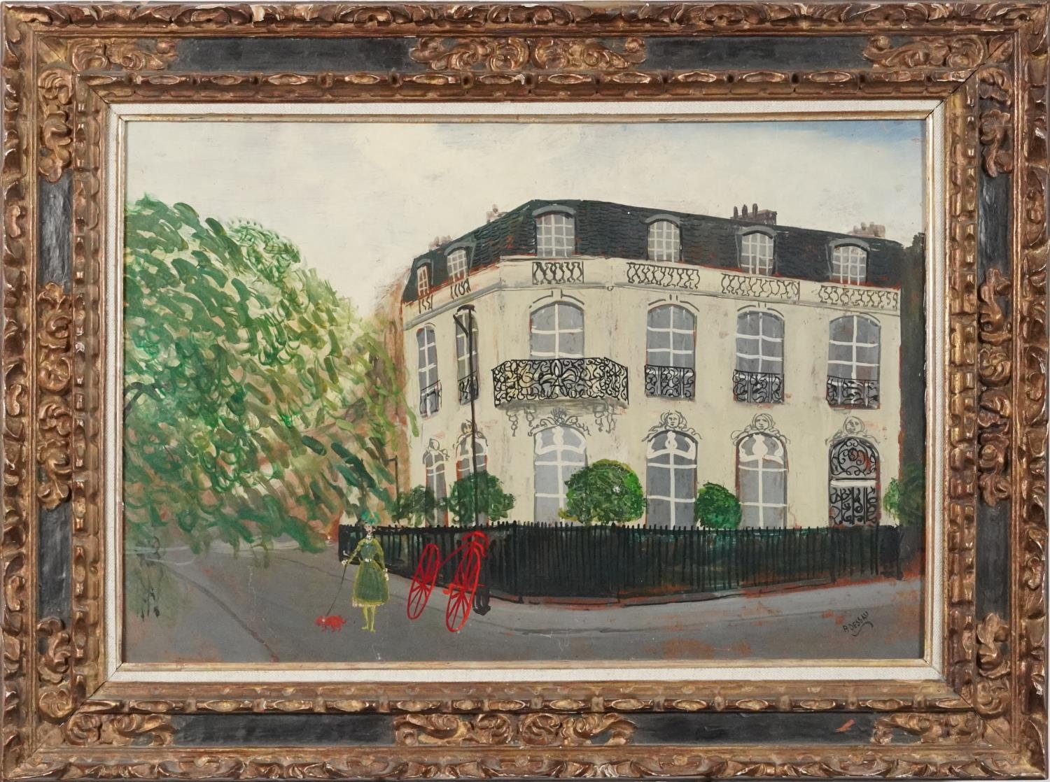 Paul Lucien Dessau - London street scene, oil on board, mounted and framed, 54cm x 37cm excluding - Image 2 of 4