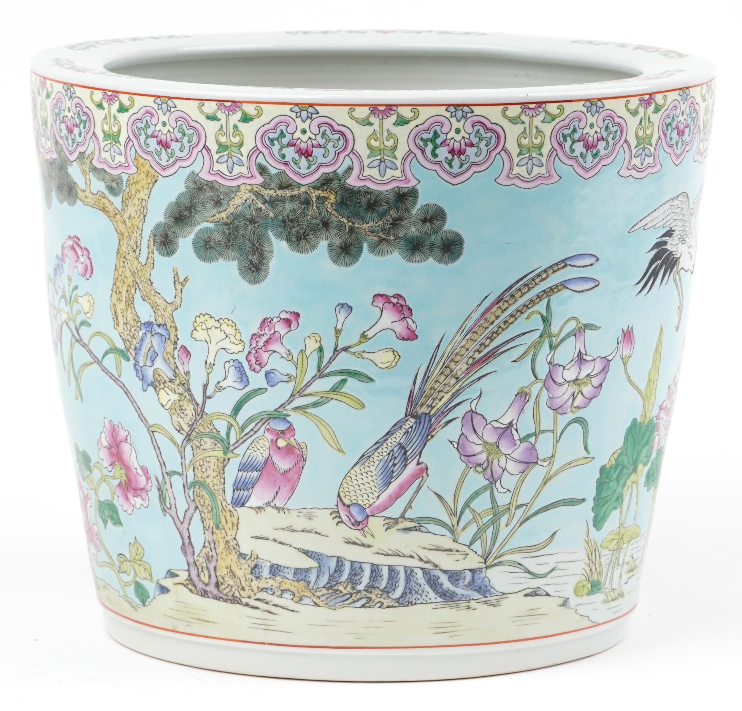 Large Chinese turquoise ground porcelain jardiniere hand painted in the famille rose palette with - Image 3 of 7