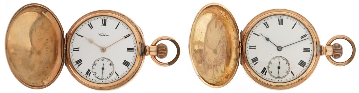 Waltham, two gentlemen's gold plated keyless full hunter pocket watches having enamelled and