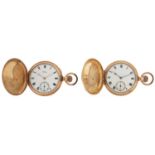 Waltham, two gentlemen's gold plated keyless full hunter pocket watches having enamelled and